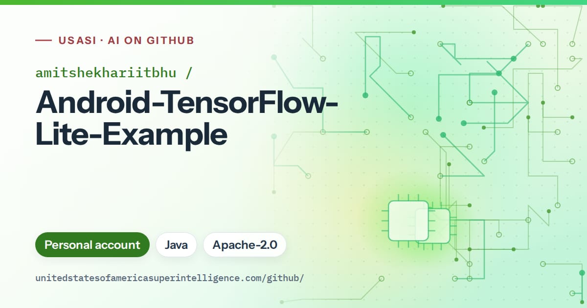 Generated green circuit-trace artwork for amitshekhariitbhu/Android-TensorFlow-Lite-Example, labeled USASI · AI on GitHub, with Personal account · Java · Apache-2.0.