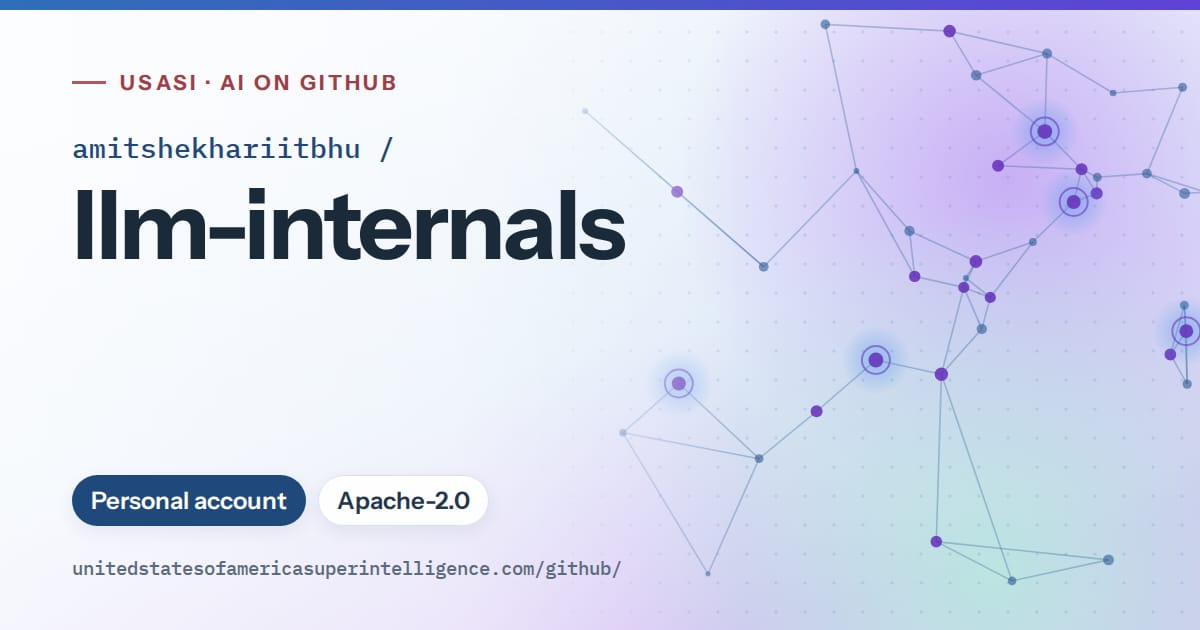 Generated sky blue constellation network artwork for amitshekhariitbhu/llm-internals, labeled USASI · AI on GitHub, with Personal account · Apache-2.0.
