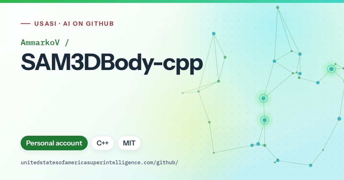Generated green constellation network artwork for AmmarkoV/SAM3DBody-cpp, labeled USASI · AI on GitHub, with Personal account · C++ · MIT.
