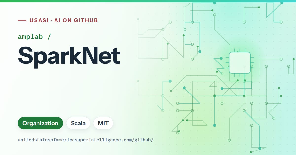 Generated green circuit-trace artwork for amplab/SparkNet, labeled USASI · AI on GitHub, with Organization · Scala · MIT.
