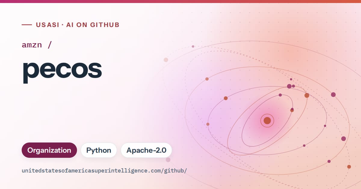 Generated pink orbit artwork for amzn/pecos, labeled USASI · AI on GitHub, with Organization · Python · Apache-2.0.