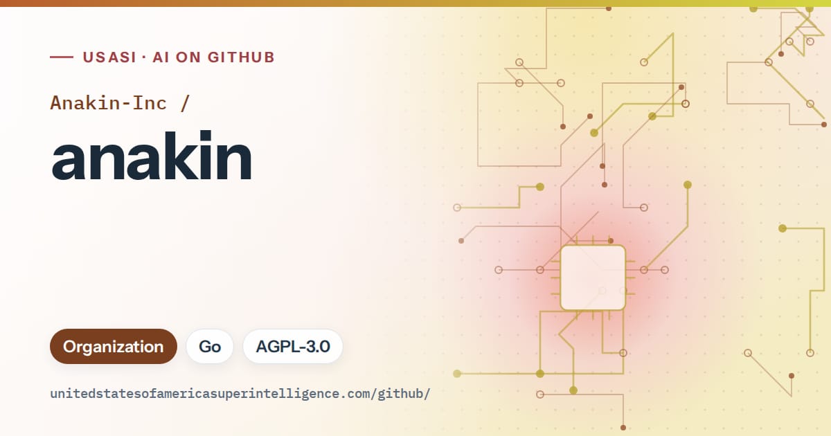 Generated orange circuit-trace artwork for Anakin-Inc/anakin, labeled USASI · AI on GitHub, with Organization · Go · AGPL-3.0.