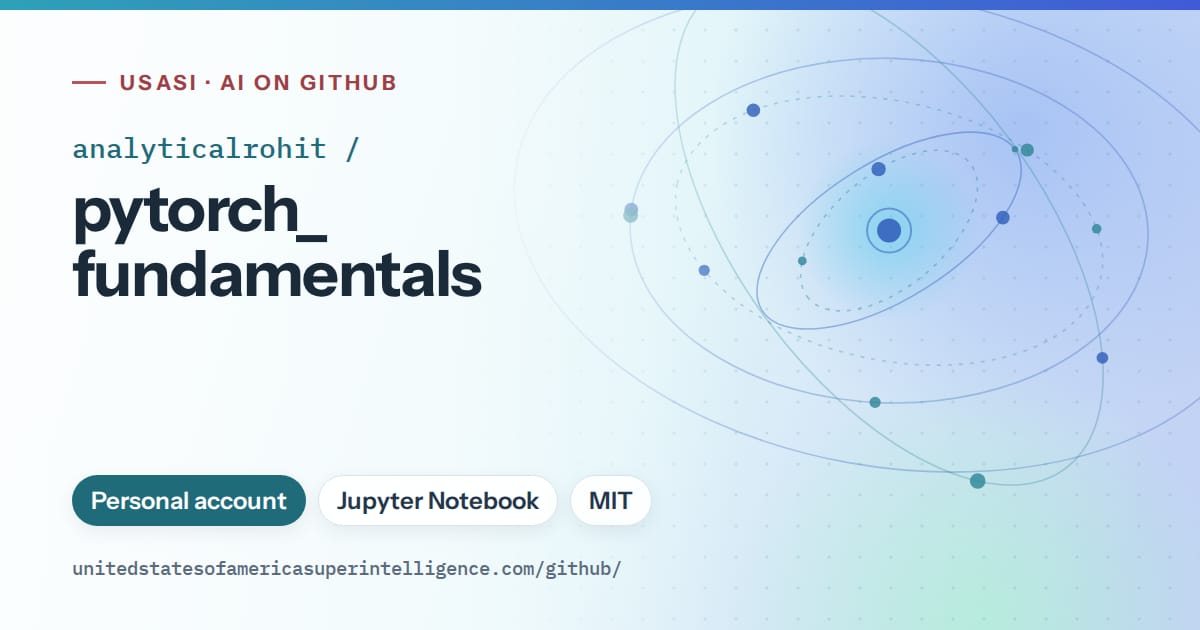 Generated sky blue orbit artwork for analyticalrohit/pytorch_fundamentals, labeled USASI · AI on GitHub, with Personal account · Jupyter Notebook · MIT.