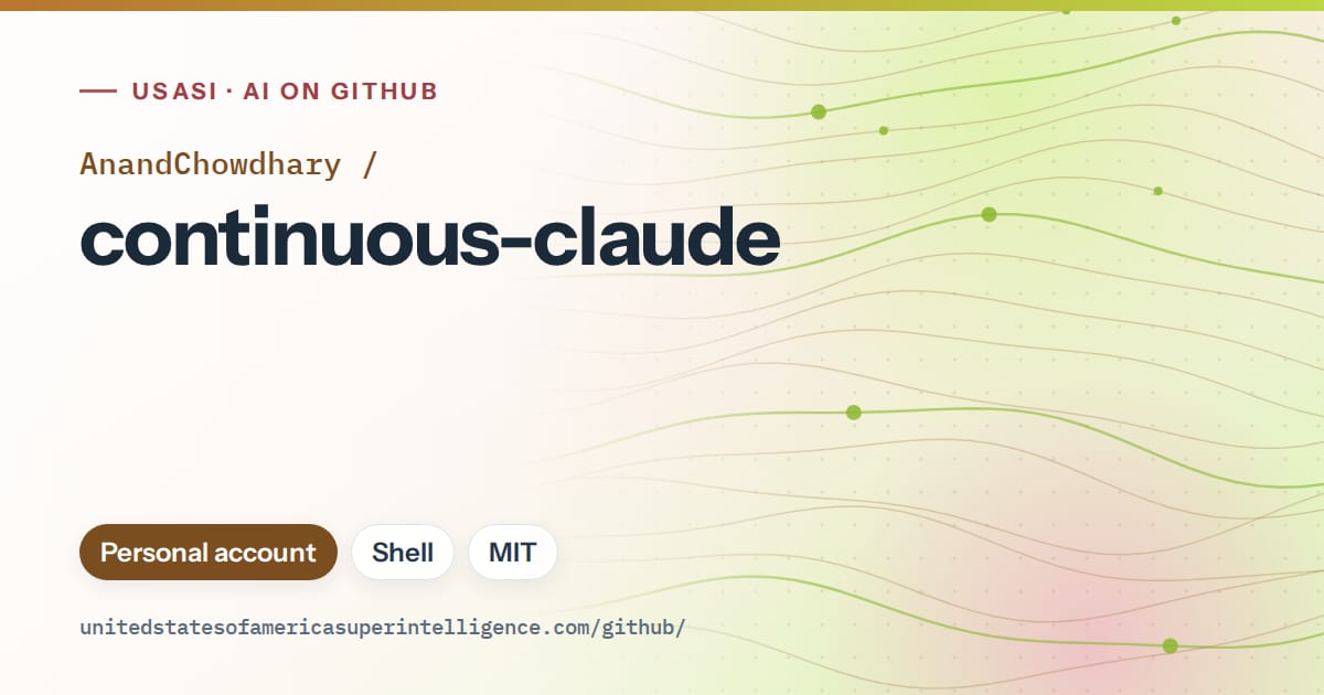 Generated orange flowing-wave artwork for AnandChowdhary/continuous-claude, labeled USASI · AI on GitHub, with Personal account · Shell · MIT.