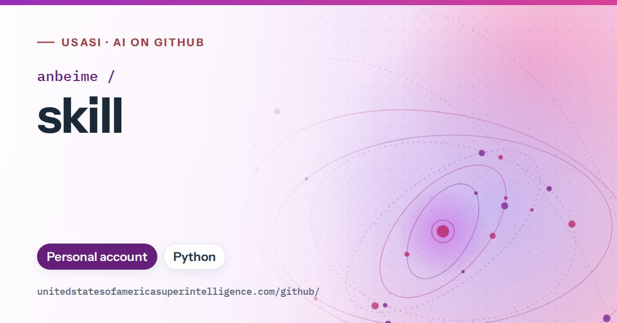 Generated purple orbit artwork for anbeime/skill, labeled USASI · AI on GitHub, with Personal account · Python.