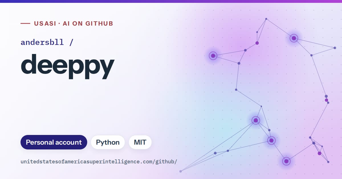 Generated blue constellation network artwork for andersbll/deeppy, labeled USASI · AI on GitHub, with Personal account · Python · MIT.