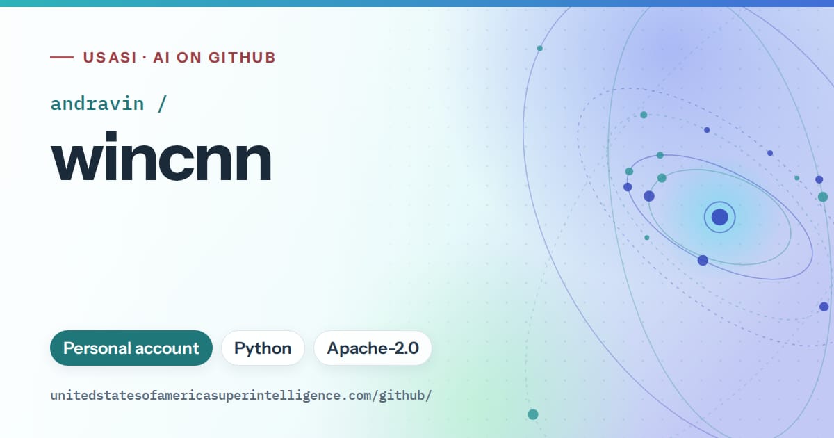 Generated teal orbit artwork for andravin/wincnn, labeled USASI · AI on GitHub, with Personal account · Python · Apache-2.0.