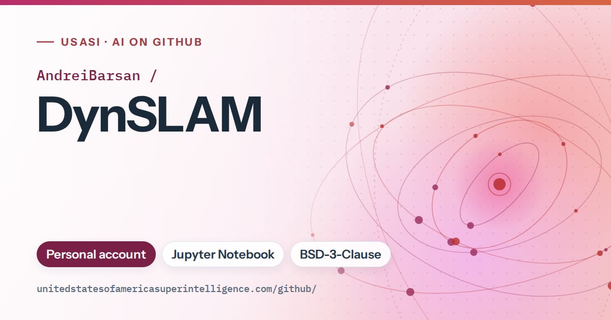 Generated pink orbit artwork for AndreiBarsan/DynSLAM, labeled USASI · AI on GitHub, with Personal account · Jupyter Notebook · BSD-3-Clause.
