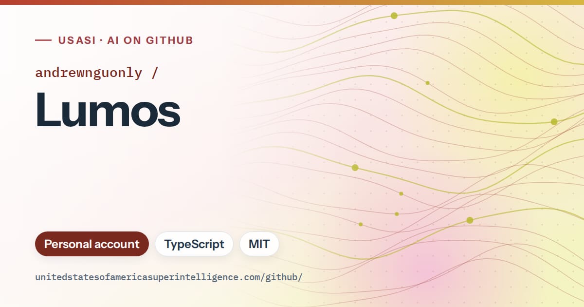 Generated red flowing-wave artwork for andrewnguonly/Lumos, labeled USASI · AI on GitHub, with Personal account · TypeScript · MIT.