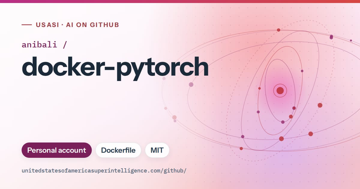 Generated pink orbit artwork for anibali/docker-pytorch, labeled USASI · AI on GitHub, with Personal account · Dockerfile · MIT.