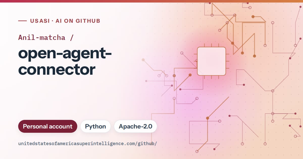 Generated red circuit-trace artwork for Anil-matcha/open-agent-connector, labeled USASI · AI on GitHub, with Personal account · Python · Apache-2.0.