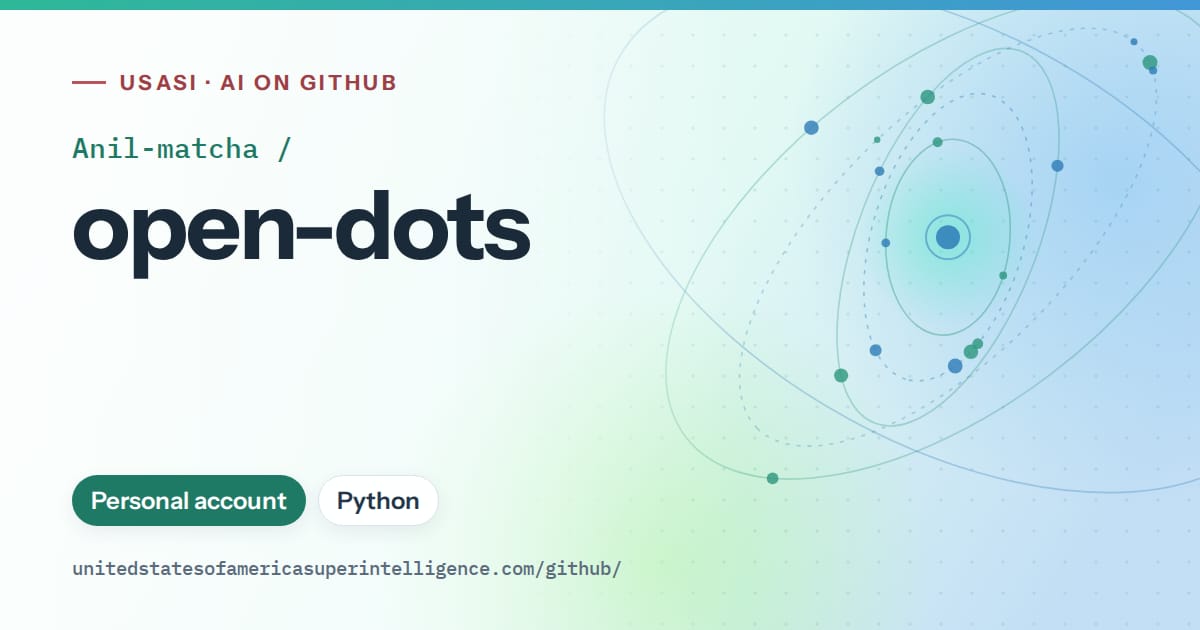 Generated teal orbit artwork for Anil-matcha/open-dots, labeled USASI · AI on GitHub, with Personal account · Python.