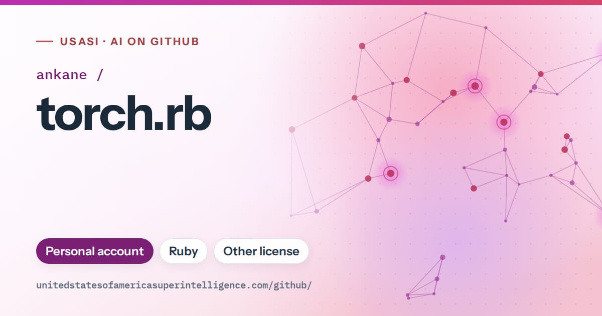 Generated purple constellation network artwork for ankane/torch.rb, labeled USASI · AI on GitHub, with Personal account · Ruby · Other license.
