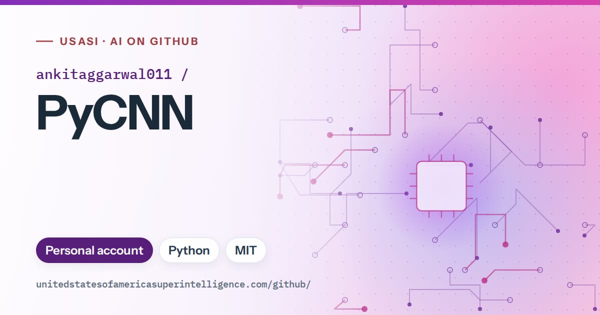 Generated violet circuit-trace artwork for ankitaggarwal011/PyCNN, labeled USASI · AI on GitHub, with Personal account · Python · MIT.