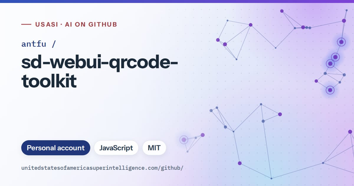 Generated blue constellation network artwork for antfu/sd-webui-qrcode-toolkit, labeled USASI · AI on GitHub, with Personal account · JavaScript · MIT.