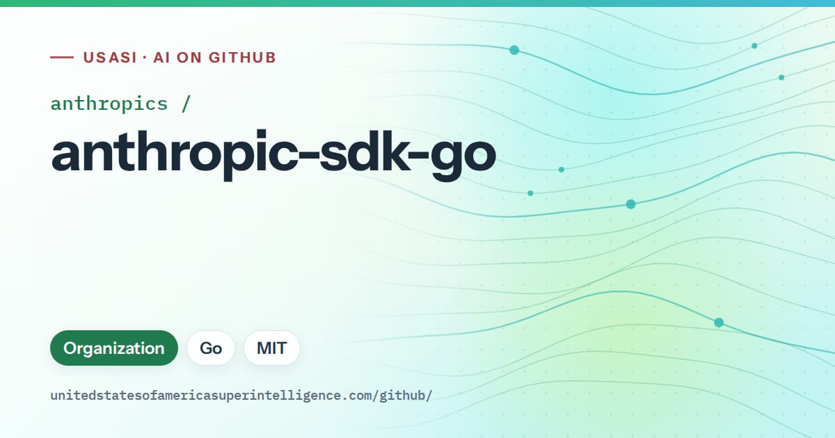 Generated teal flowing-wave artwork for anthropics/anthropic-sdk-go, labeled USASI · AI on GitHub, with Organization · Go · MIT.