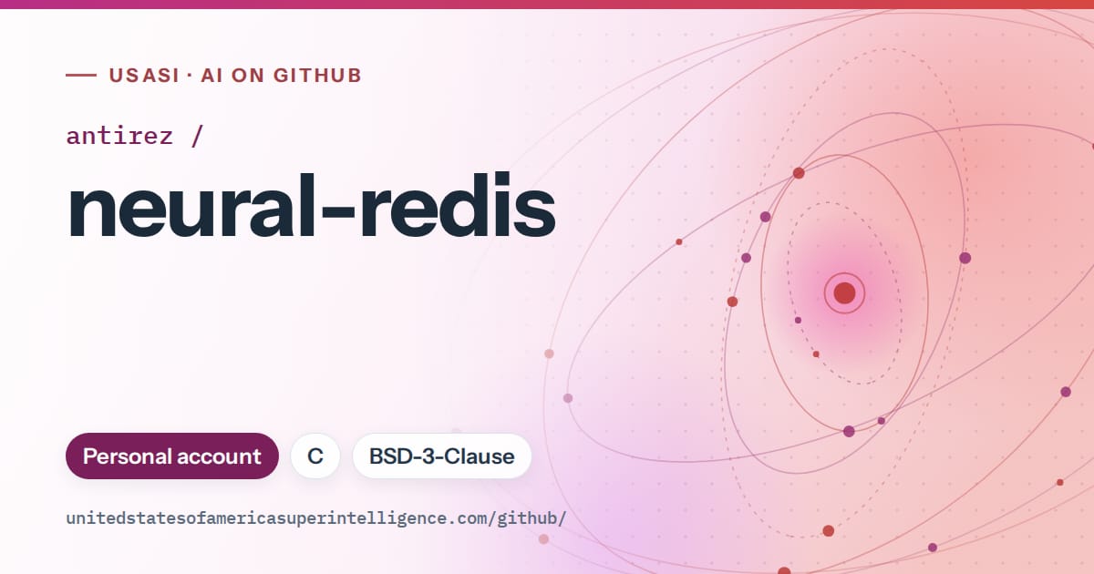 Generated pink orbit artwork for antirez/neural-redis, labeled USASI · AI on GitHub, with Personal account · C · BSD-3-Clause.