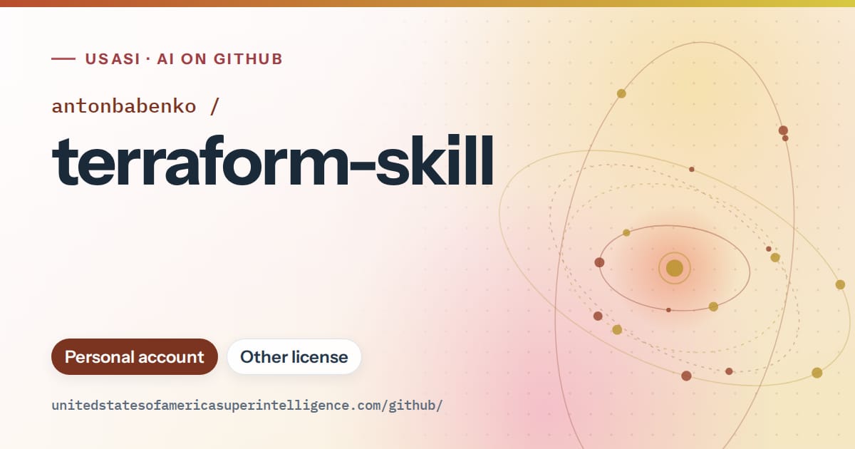 Generated red orbit artwork for antonbabenko/terraform-skill, labeled USASI · AI on GitHub, with Personal account · Other license.