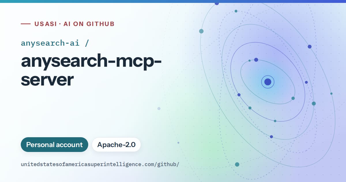 Generated sky blue orbit artwork for anysearch-ai/anysearch-mcp-server, labeled USASI · AI on GitHub, with Personal account · Apache-2.0.