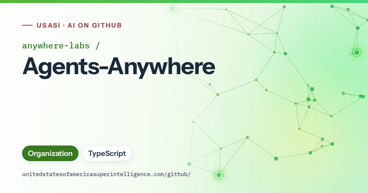 Generated green constellation network artwork for anywhere-labs/Agents-Anywhere, labeled USASI · AI on GitHub, with Organization · TypeScript.