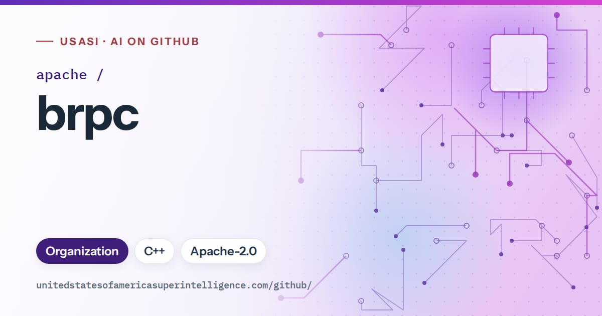 Generated violet circuit-trace artwork for apache/brpc, labeled USASI · AI on GitHub, with Organization · C++ · Apache-2.0.