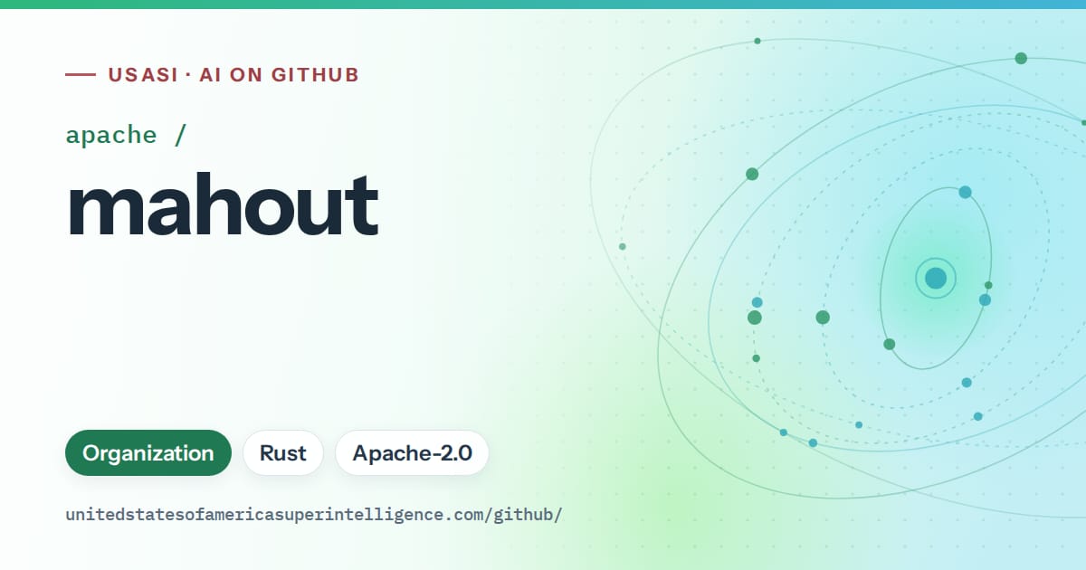 Generated teal orbit artwork for apache/mahout, labeled USASI · AI on GitHub, with Organization · Rust · Apache-2.0.