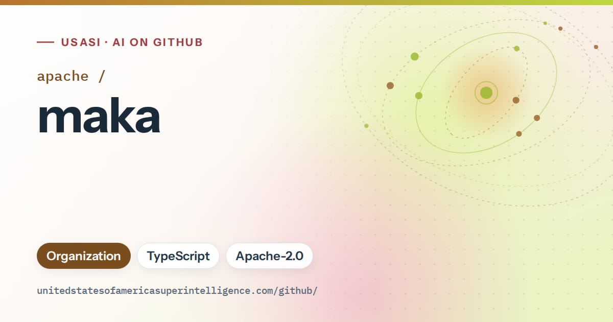 Generated orange orbit artwork for apache/maka, labeled USASI · AI on GitHub, with Organization · TypeScript · Apache-2.0.
