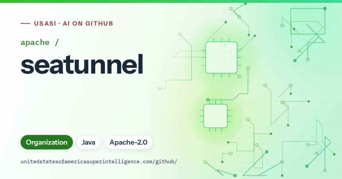 Generated green circuit-trace artwork for apache/seatunnel, labeled USASI · AI on GitHub, with Organization · Java · Apache-2.0.
