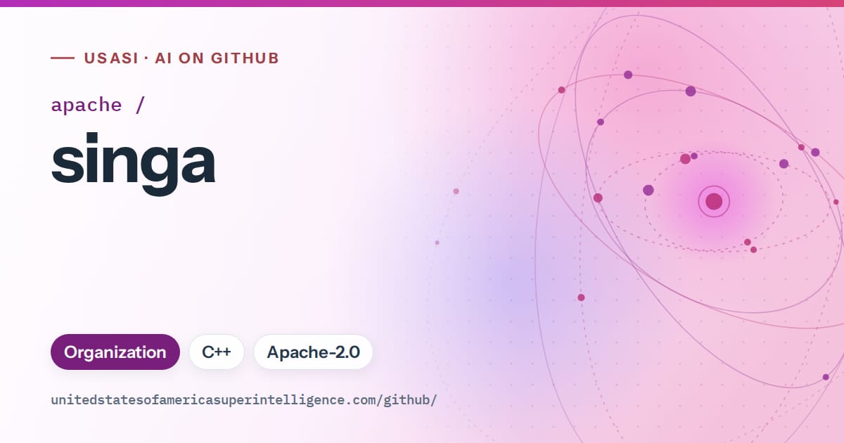 Generated purple orbit artwork for apache/singa, labeled USASI · AI on GitHub, with Organization · C++ · Apache-2.0.