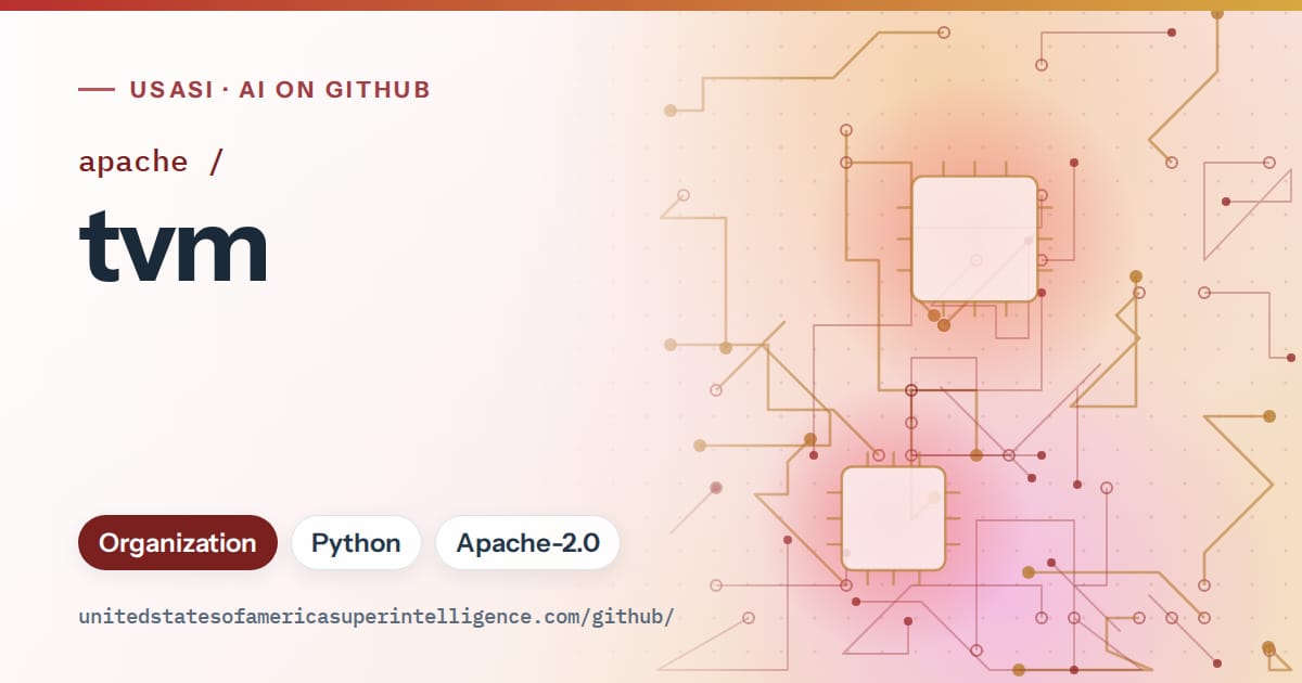 Generated red circuit-trace artwork for apache/tvm, labeled USASI · AI on GitHub, with Organization · Python · Apache-2.0.