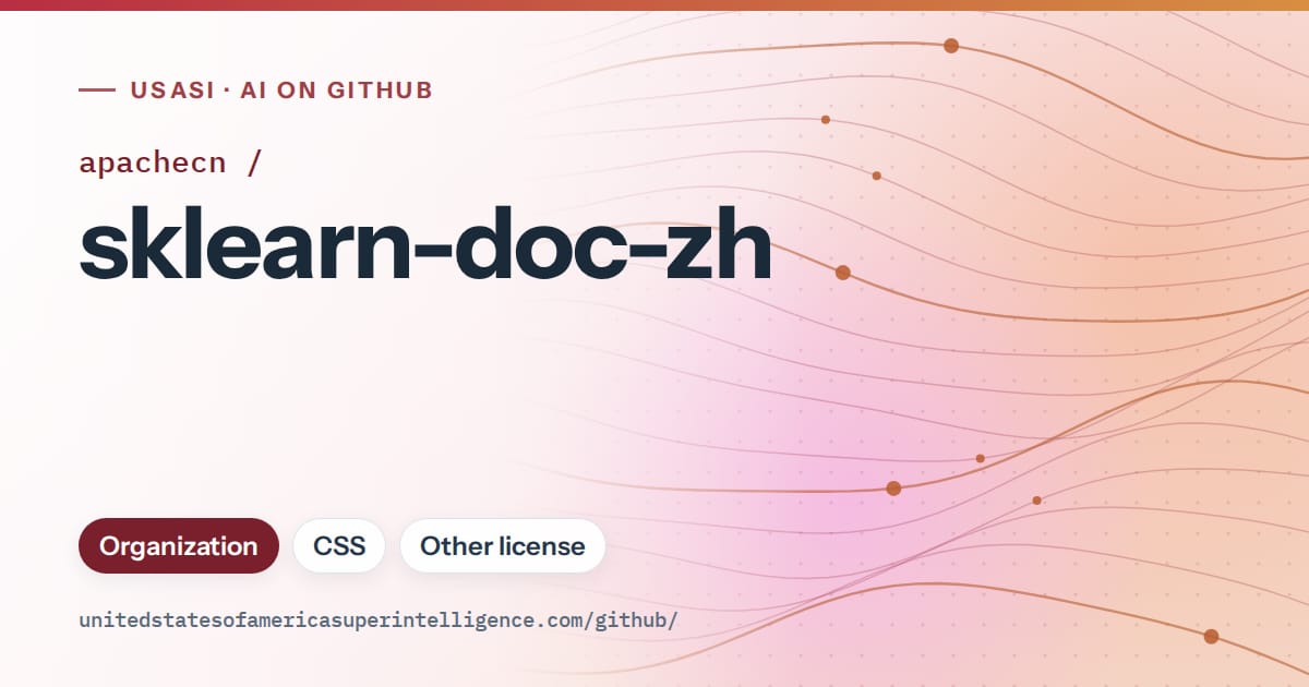Generated red flowing-wave artwork for apachecn/sklearn-doc-zh, labeled USASI · AI on GitHub, with Organization · CSS · Other license.