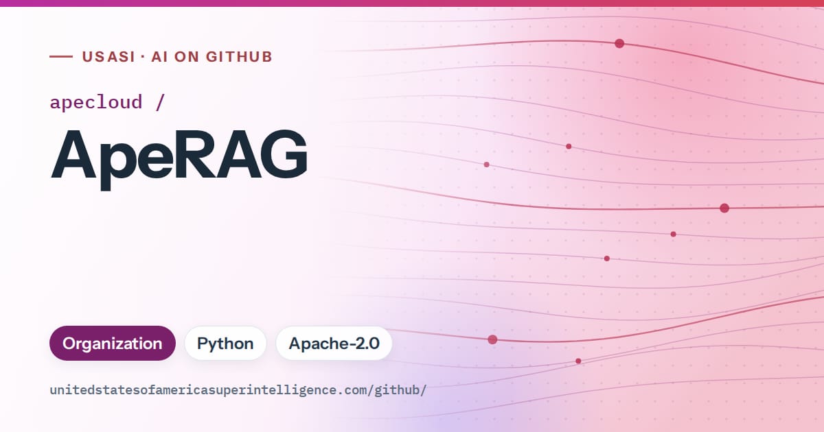 Generated purple flowing-wave artwork for apecloud/ApeRAG, labeled USASI · AI on GitHub, with Organization · Python · Apache-2.0.
