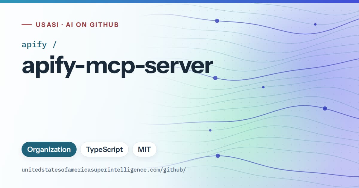 Generated sky blue flowing-wave artwork for apify/apify-mcp-server, labeled USASI · AI on GitHub, with Organization · TypeScript · MIT.