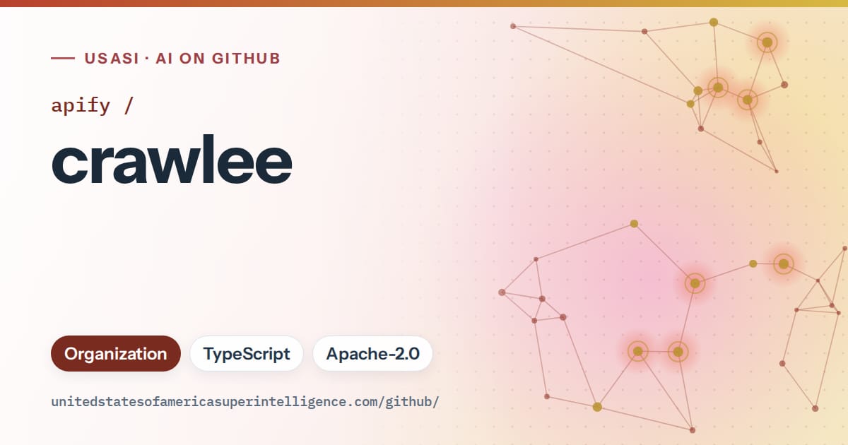 Generated red constellation network artwork for apify/crawlee, labeled USASI · AI on GitHub, with Organization · TypeScript · Apache-2.0.