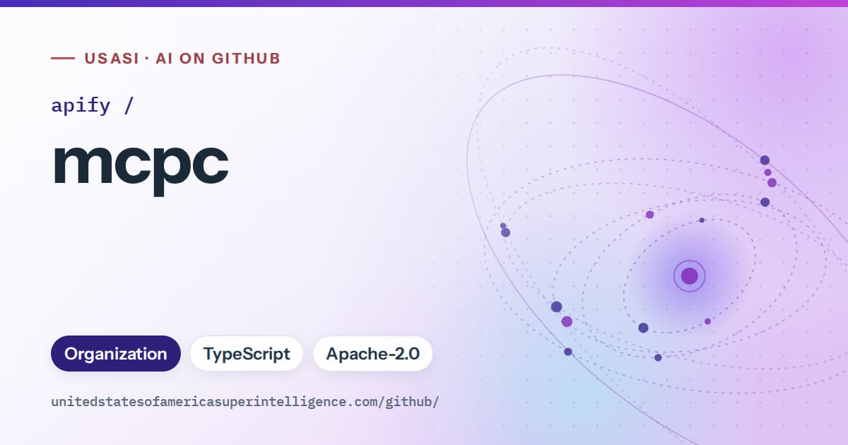Generated violet orbit artwork for apify/mcpc, labeled USASI · AI on GitHub, with Organization · TypeScript · Apache-2.0.