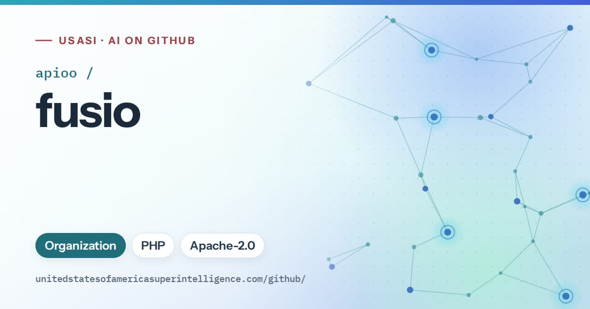 Generated teal constellation network artwork for apioo/fusio, labeled USASI · AI on GitHub, with Organization · PHP · Apache-2.0.