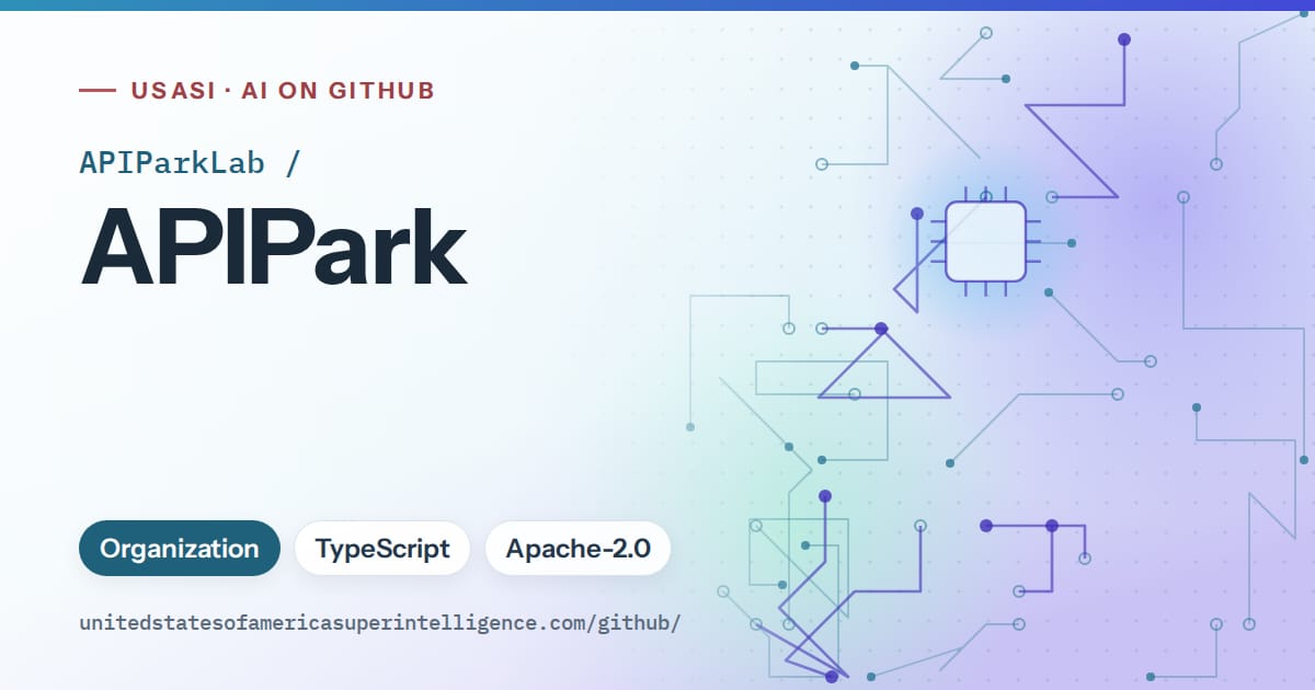 Generated sky blue circuit-trace artwork for APIParkLab/APIPark, labeled USASI · AI on GitHub, with Organization · TypeScript · Apache-2.0.