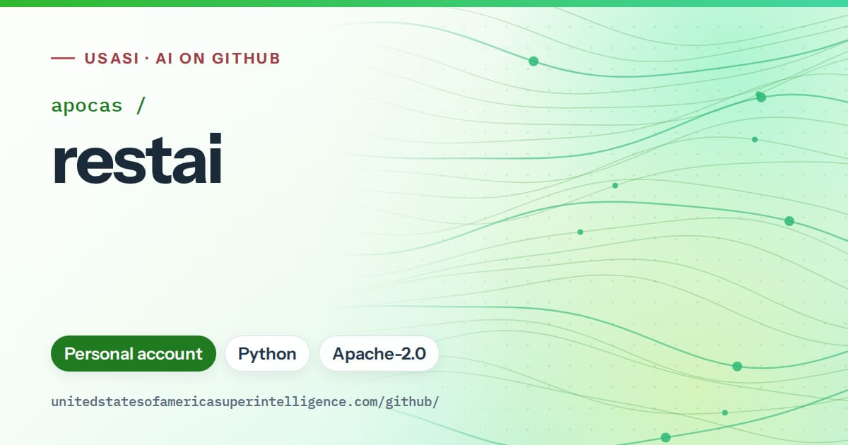 Generated green flowing-wave artwork for apocas/restai, labeled USASI · AI on GitHub, with Personal account · Python · Apache-2.0.