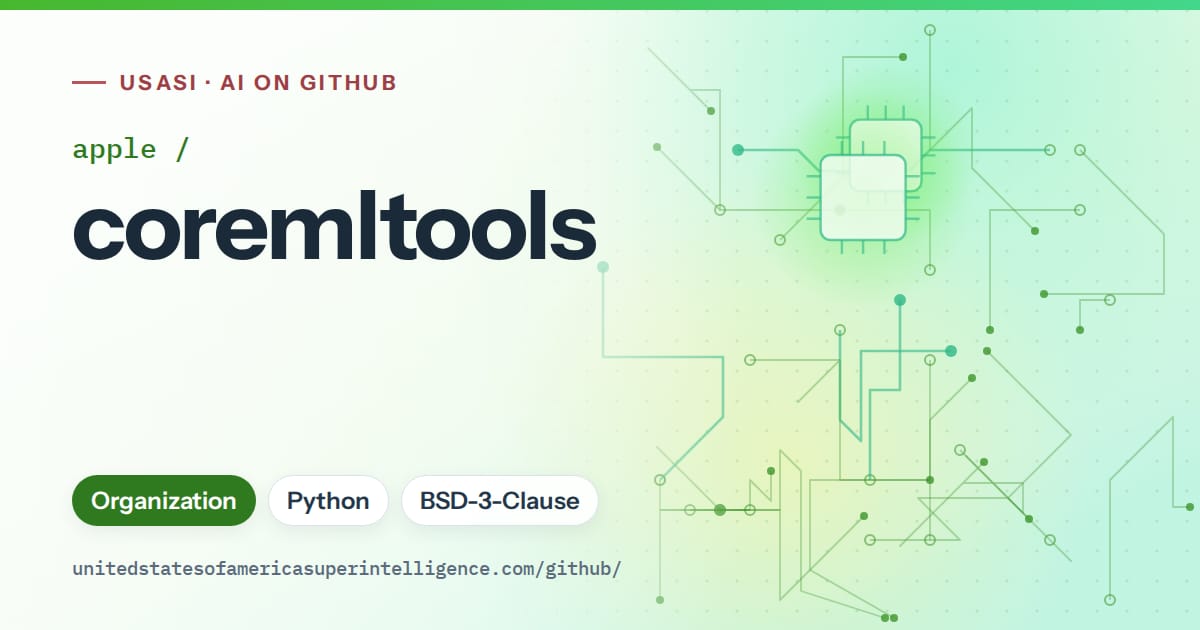 Generated green circuit-trace artwork for apple/coremltools, labeled USASI · AI on GitHub, with Organization · Python · BSD-3-Clause.