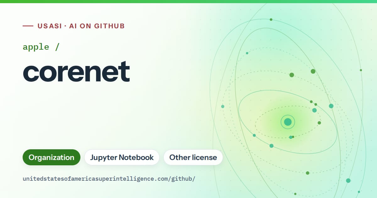 Generated green orbit artwork for apple/corenet, labeled USASI · AI on GitHub, with Organization · Jupyter Notebook · Other license.