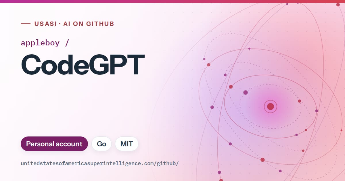 Generated purple orbit artwork for appleboy/CodeGPT, labeled USASI · AI on GitHub, with Personal account · Go · MIT.