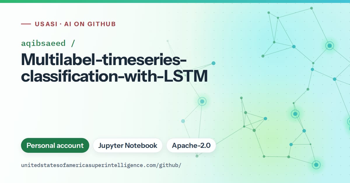 Generated green constellation network artwork for aqibsaeed/Multilabel-timeseries-classification-with-LSTM, labeled USASI · AI on GitHub, with Personal account · Jupyter Notebook · Apache-2.0.