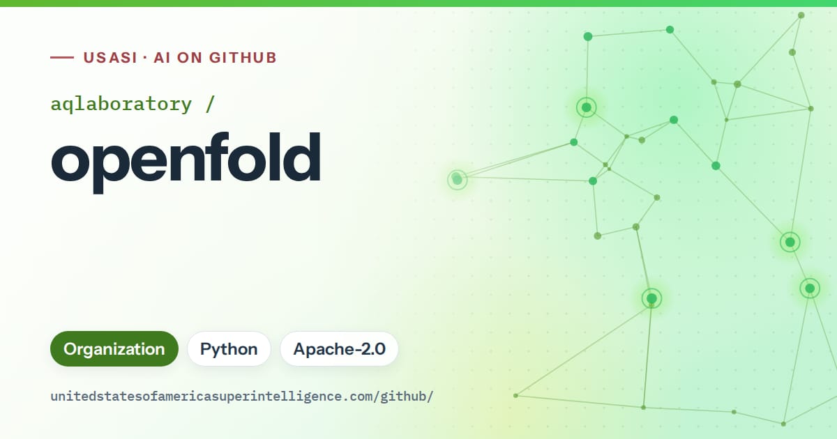 Generated green constellation network artwork for aqlaboratory/openfold, labeled USASI · AI on GitHub, with Organization · Python · Apache-2.0.
