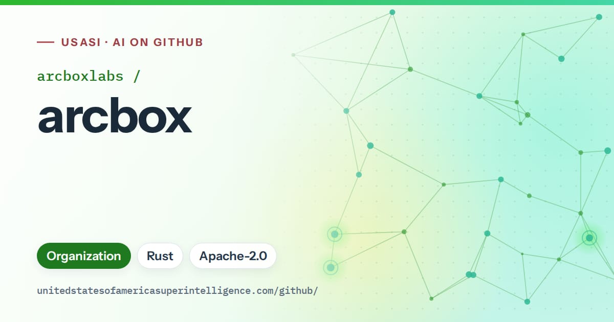 Generated green constellation network artwork for arcboxlabs/arcbox, labeled USASI · AI on GitHub, with Organization · Rust · Apache-2.0.
