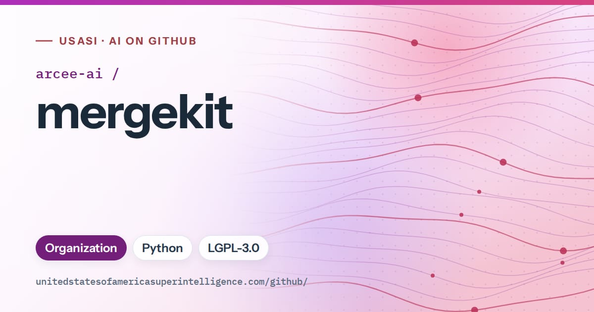 Generated purple flowing-wave artwork for arcee-ai/mergekit, labeled USASI · AI on GitHub, with Organization · Python · LGPL-3.0.