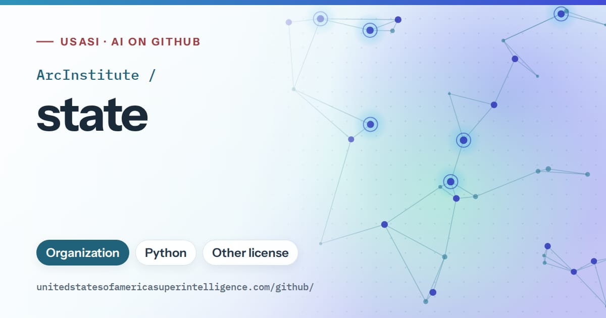 Generated sky blue constellation network artwork for ArcInstitute/state, labeled USASI · AI on GitHub, with Organization · Python · Other license.