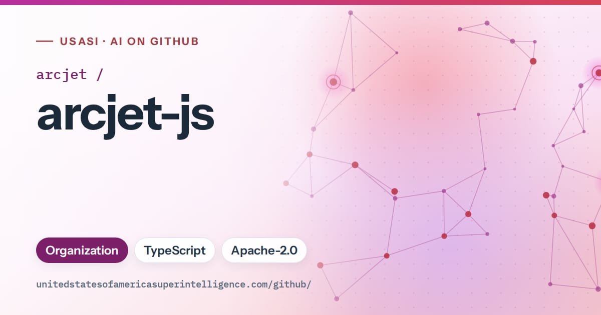 Generated purple constellation network artwork for arcjet/arcjet-js, labeled USASI · AI on GitHub, with Organization · TypeScript · Apache-2.0.