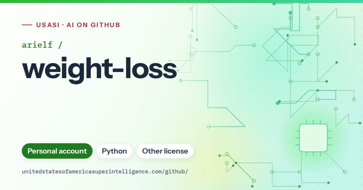 Generated green circuit-trace artwork for arielf/weight-loss, labeled USASI · AI on GitHub, with Personal account · Python · Other license.