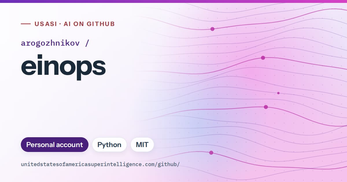 Generated violet flowing-wave artwork for arogozhnikov/einops, labeled USASI · AI on GitHub, with Personal account · Python · MIT.