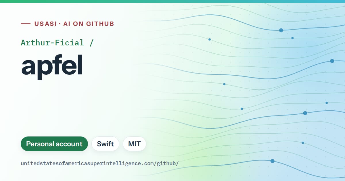 Generated teal flowing-wave artwork for Arthur-Ficial/apfel, labeled USASI · AI on GitHub, with Personal account · Swift · MIT.